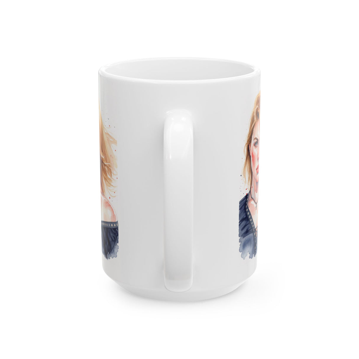 Portrait Watercolor Mug — Winter Personalized Female Face Ceramic Coffee Cup (15oz)