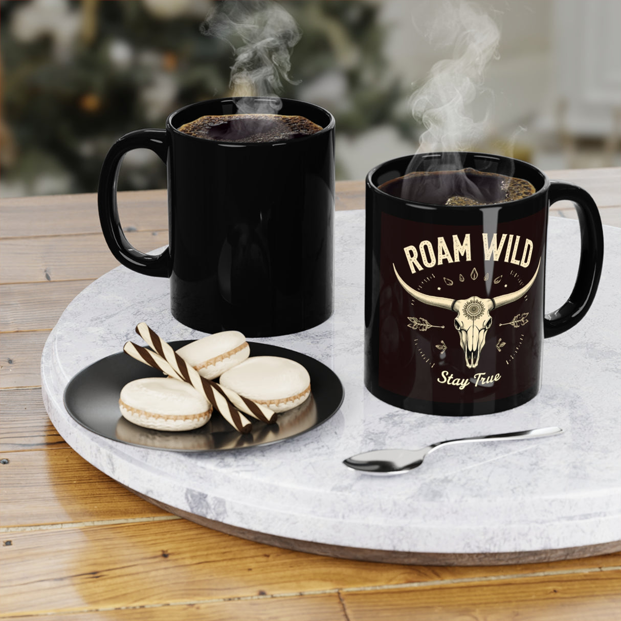 Roam Wild. Stay True. Black Coffee Mug, 11oz