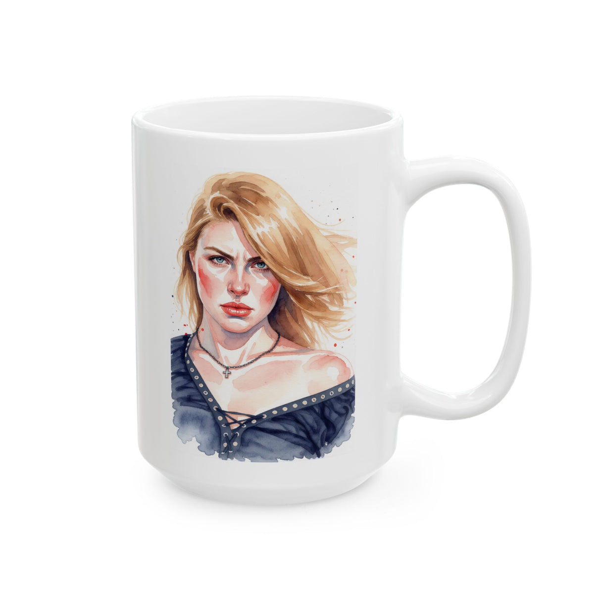 Portrait Watercolor Mug — Winter Personalized Female Face Ceramic Coffee Cup (15oz)