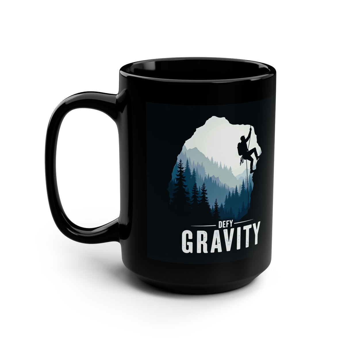 Defy Gravity Climbing Mug — 15oz Black Coffee Cup