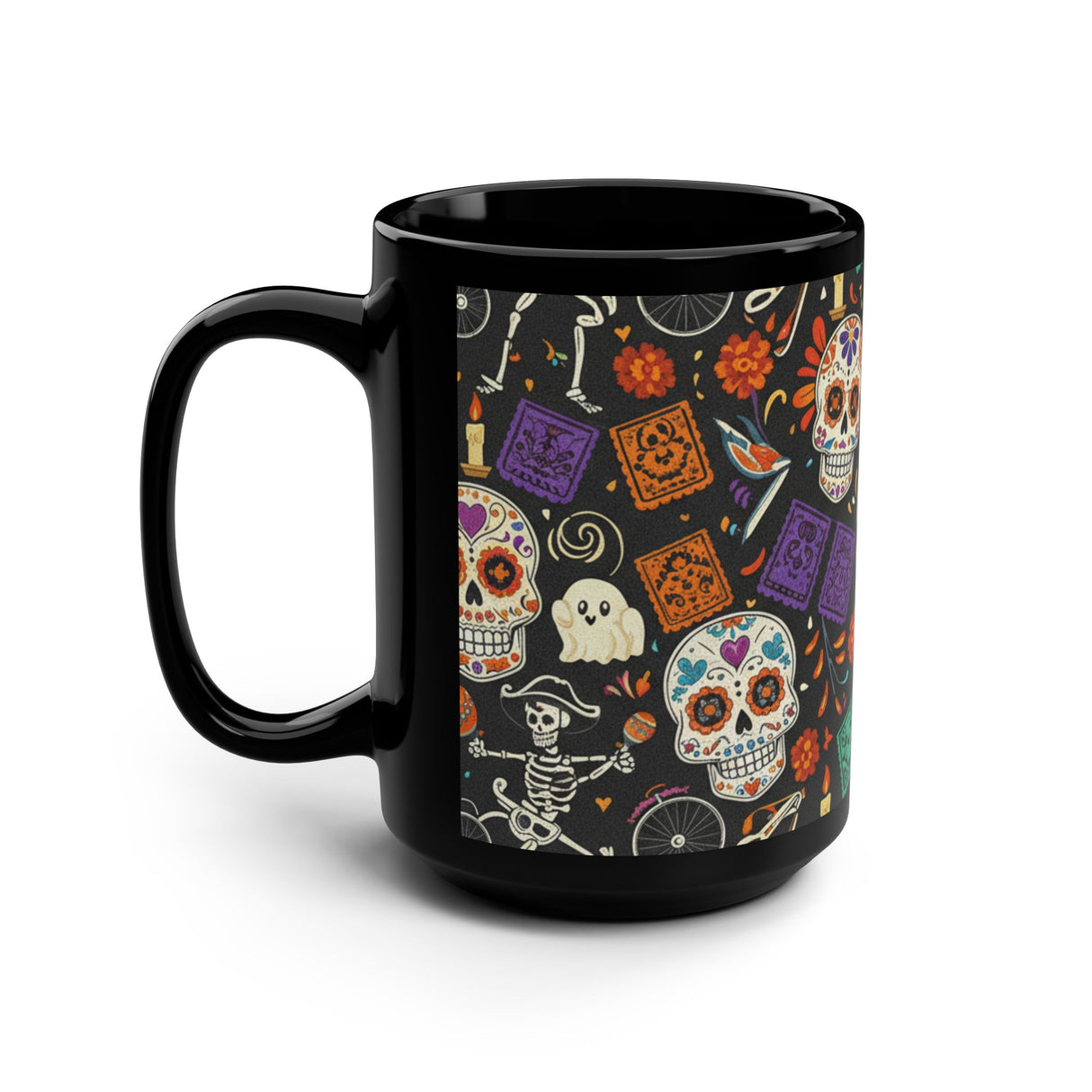 Day of the Dead Sugar Skull Black Mug — 15oz Halloween & Día de los Muertos Coffee Cup