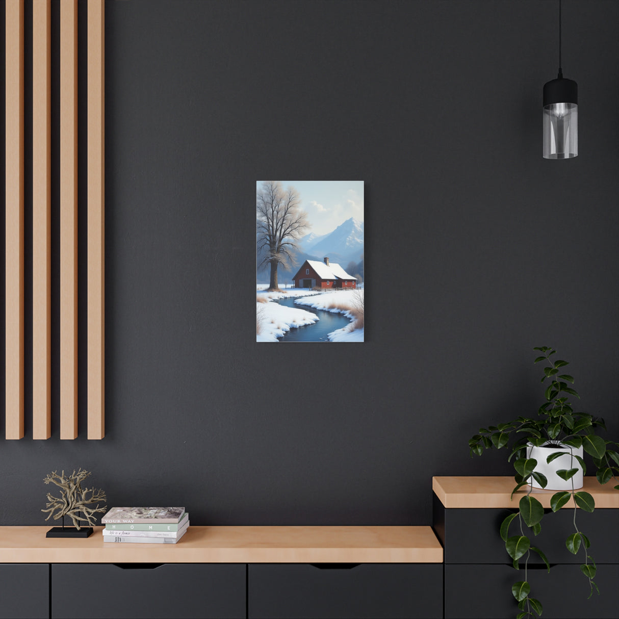 Winter Cabin Canvas Print — Snowy Stream Landscape Matte Stretched Wall Art