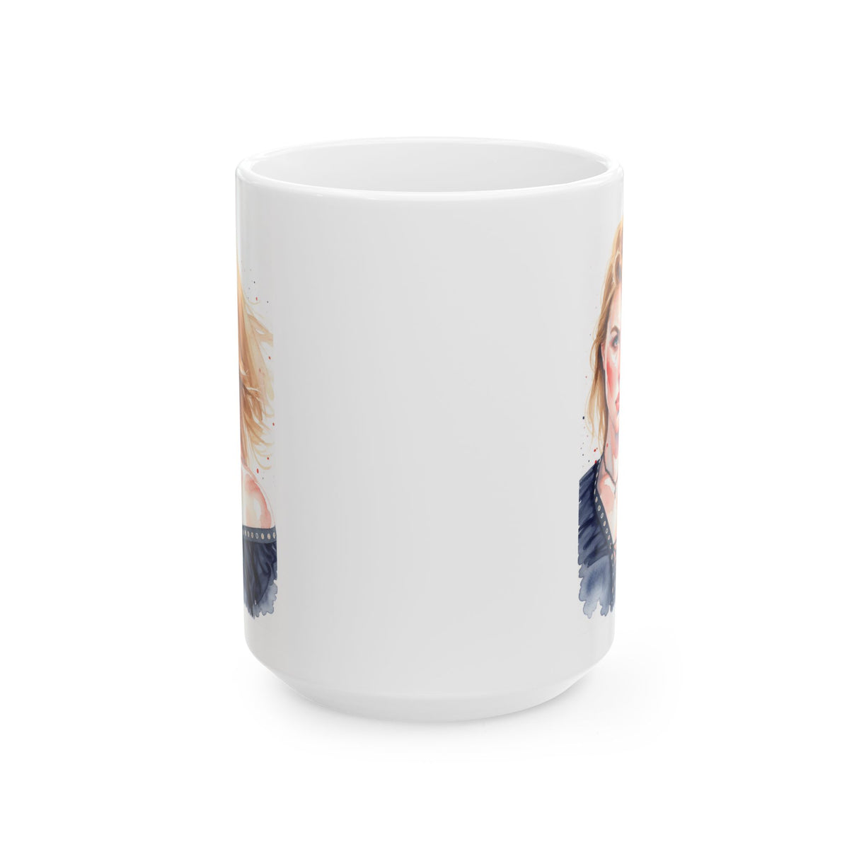 Portrait Watercolor Mug — Winter Personalized Female Face Ceramic Coffee Cup (15oz)