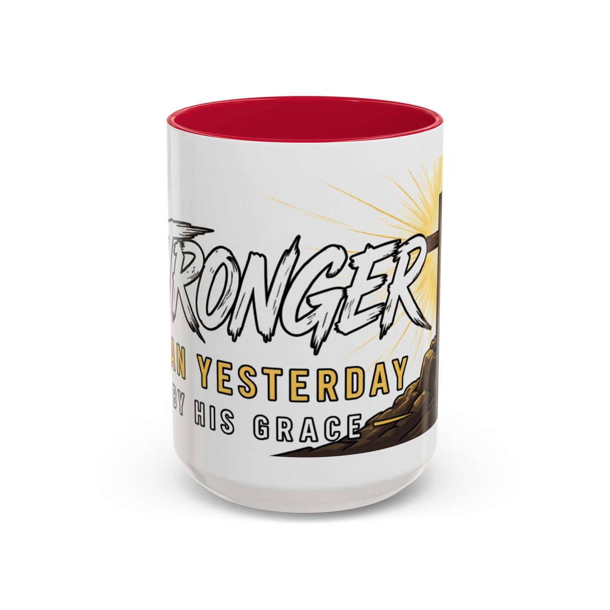 Inspirational Christian Coffee Mug — "Stronger Than Yesterday" Cross Design (11oz/15oz)