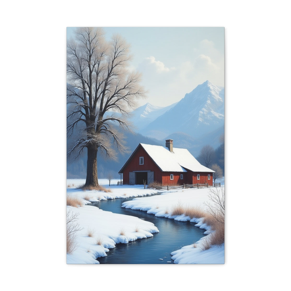 Winter Cabin Canvas Print — Snowy Stream Landscape Matte Stretched Wall Art