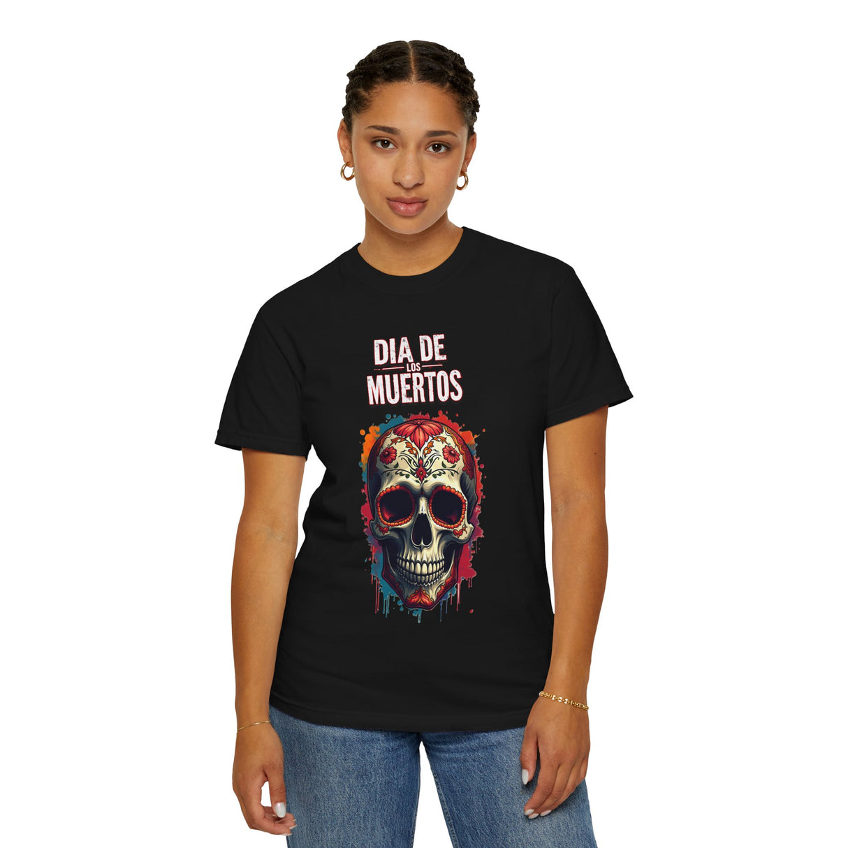 Día de Muertos Skull T-Shirt — Colorful Sugar Skull Day of the Dead Tee Print Front and Back