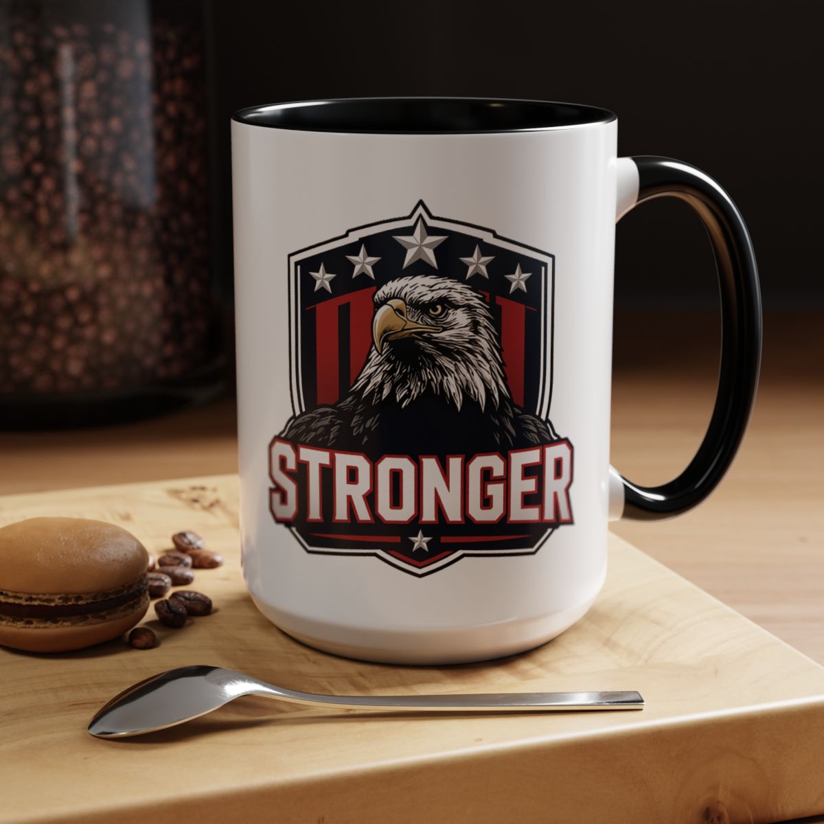 Stronger Eagle Accent Coffee Mug — Patriotic American Flag Beverage Mug (15oz)