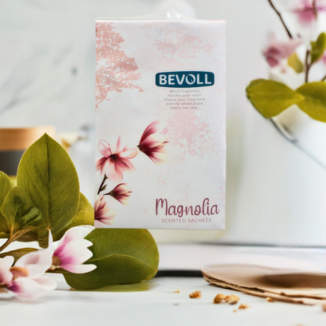 Magnolia Scented Hanging Sachet Bag. It is sold in lots of 12. One box contains 12 bags in total.