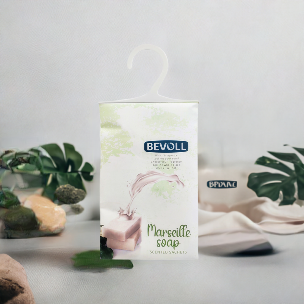 Marseille Soap Scented Hanging Sachet Bag. It is sold in lots of 12. One box contains 12 bags in total.