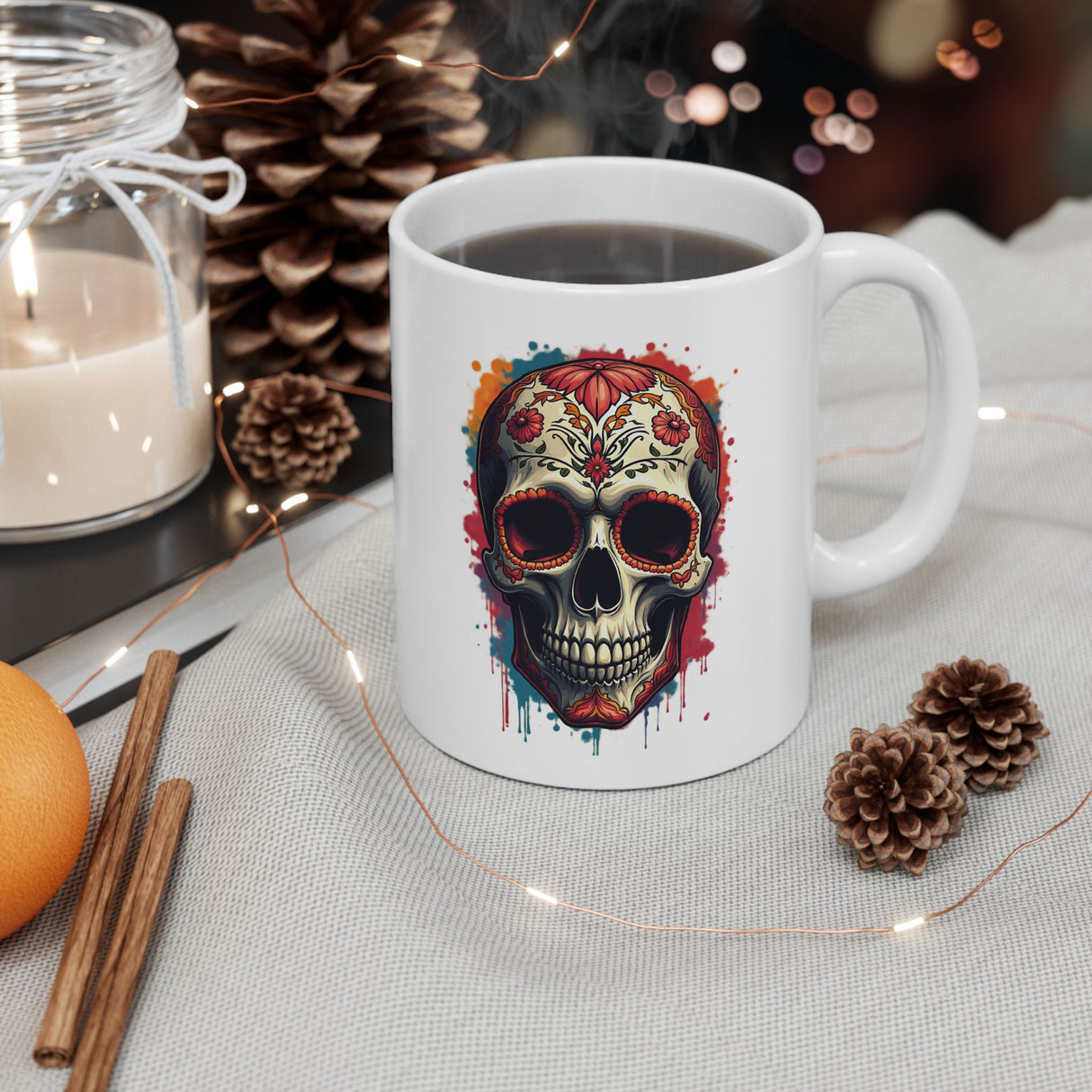 Day of the Dead Skull Ceramic Mug — Día de los Muertos Coffee Cup (11oz, 15oz)
