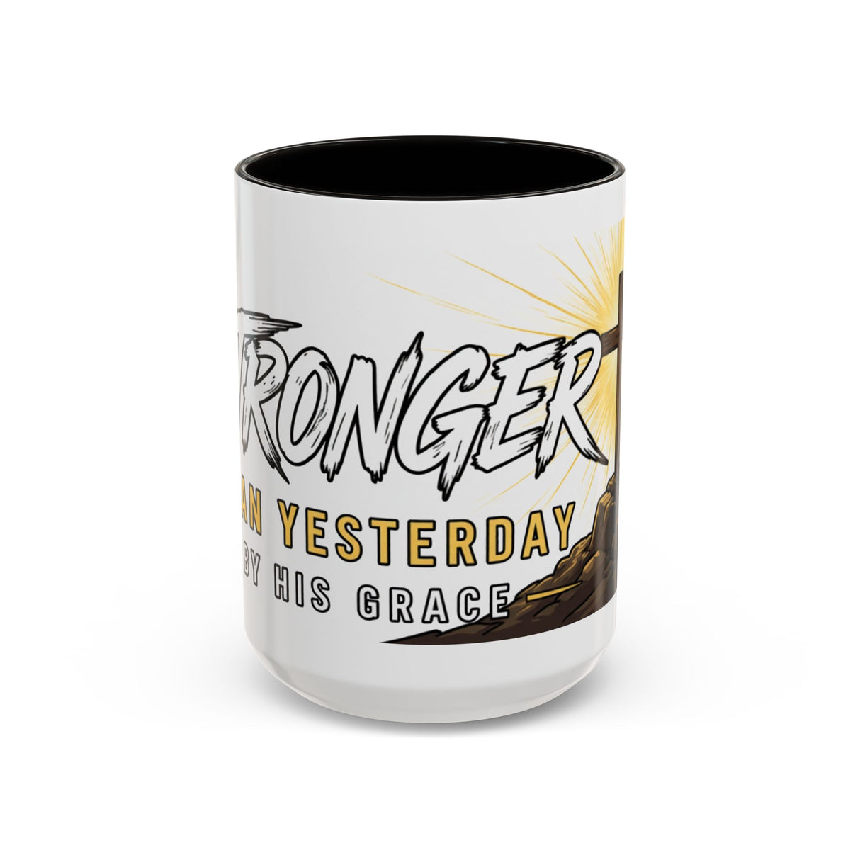 Inspirational Christian Coffee Mug — "Stronger Than Yesterday" Cross Design (11oz/15oz)