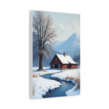 Winter Cabin Canvas Print — Snowy Stream Landscape Matte Stretched Wall Art