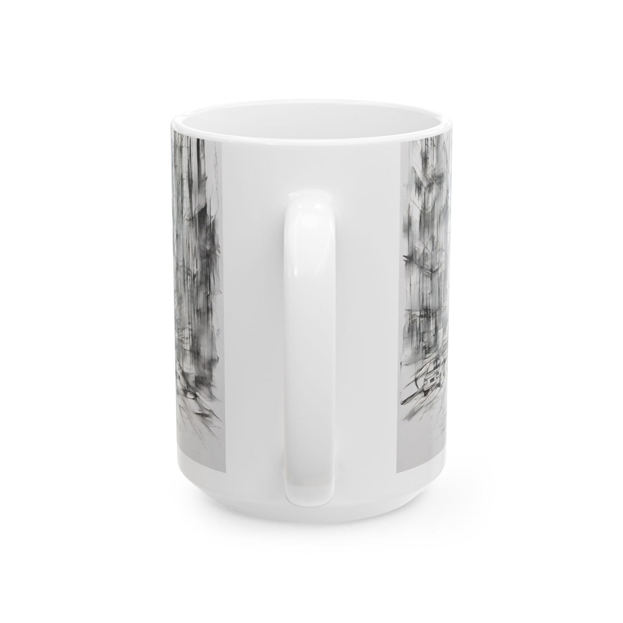 Monochrome Noir Cityscape Mug — Moody Urban Pirate Sketch Coffee Cup (15oz)