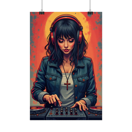 DJ Girl Poster — Retro Neon Female DJ Rolled Wall Art