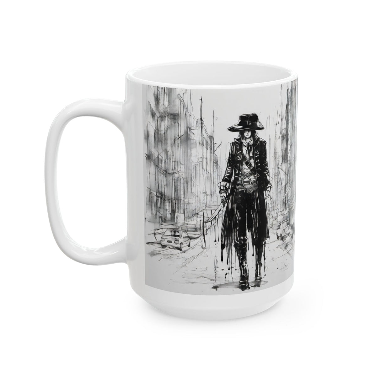 Monochrome Noir Cityscape Mug — Moody Urban Pirate Sketch Coffee Cup (15oz)