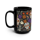Day of the Dead Sugar Skull Black Mug — 15oz Halloween & Día de los Muertos Coffee Cup