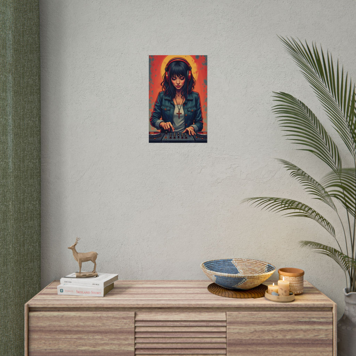 DJ Girl Poster — Retro Neon Female DJ Rolled Wall Art