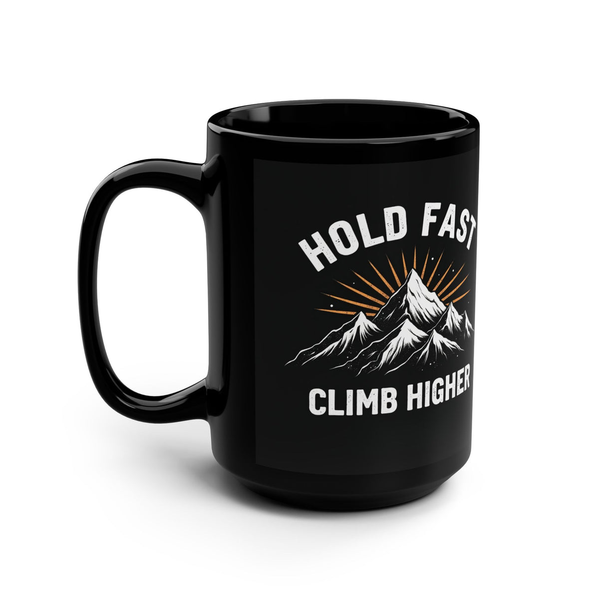 Hold Fast Climb Higher Black 15oz Mug — Mountain Adventure Coffee Cup