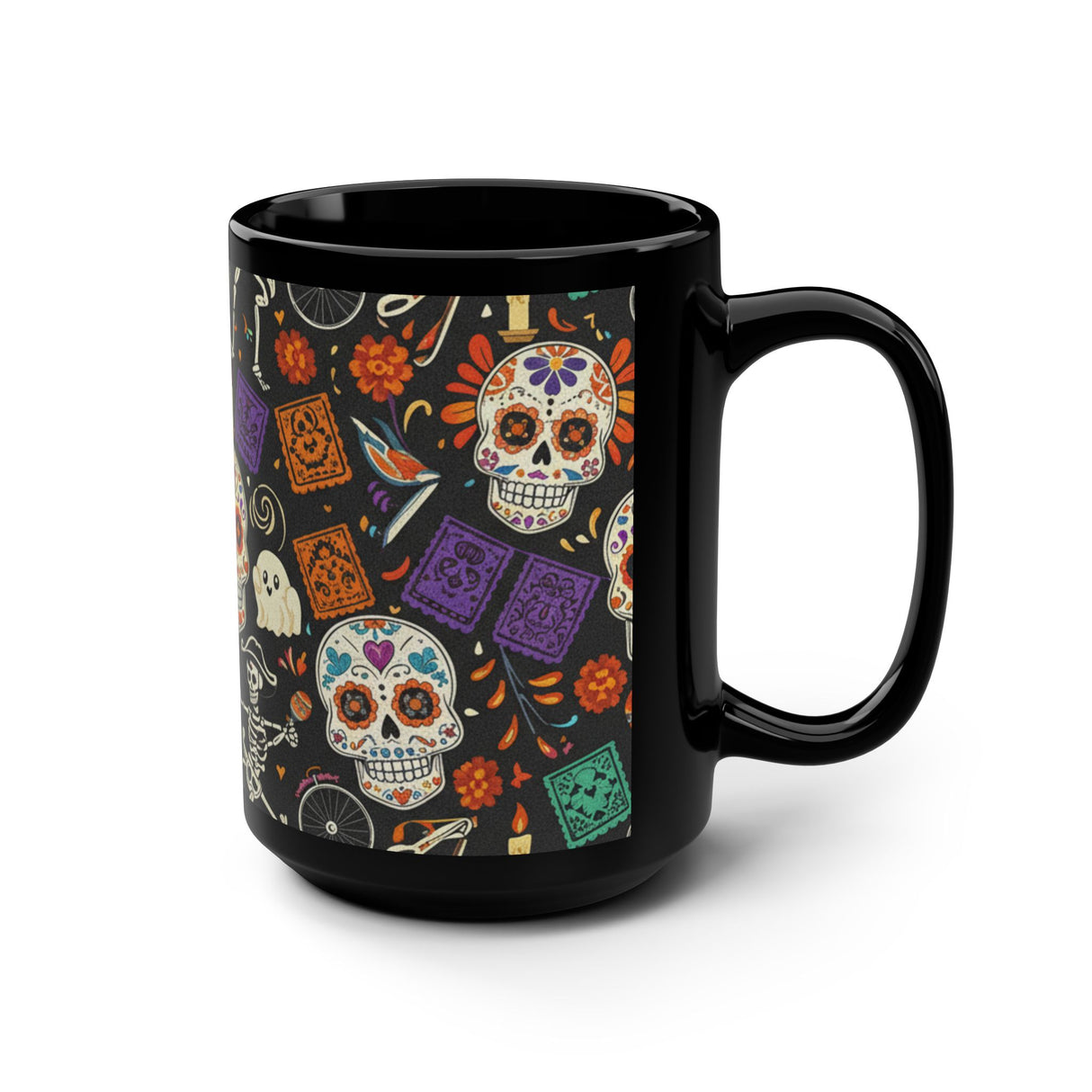 Day of the Dead Sugar Skull Black Mug — 15oz Halloween & Día de los Muertos Coffee Cup