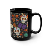 Day of the Dead Sugar Skull Black Mug — 15oz Halloween & Día de los Muertos Coffee Cup
