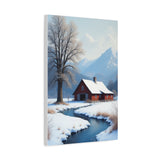 Winter Cabin Canvas Print — Snowy Stream Landscape Matte Stretched Wall Art