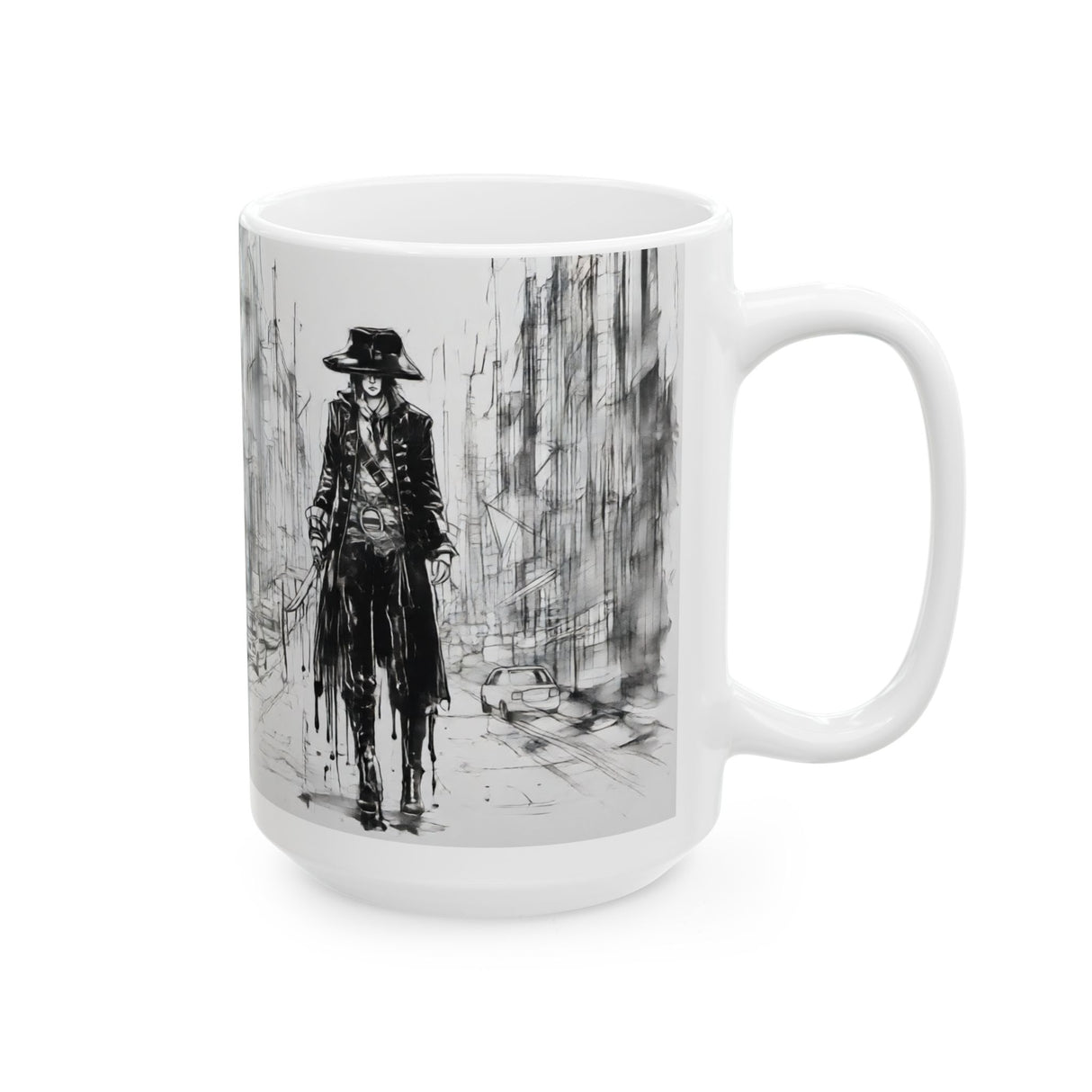 Monochrome Noir Cityscape Mug — Moody Urban Pirate Sketch Coffee Cup (15oz)
