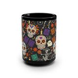 Day of the Dead Sugar Skull Black Mug — 15oz Halloween & Día de los Muertos Coffee Cup
