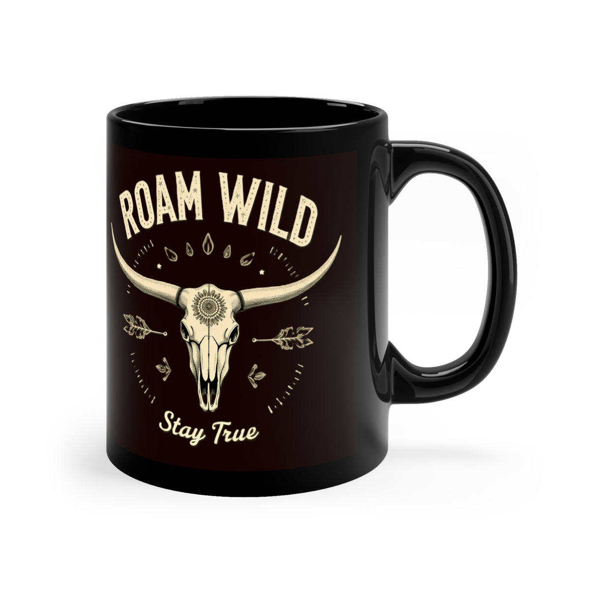 Roam Wild. Stay True. Black Coffee Mug, 11oz