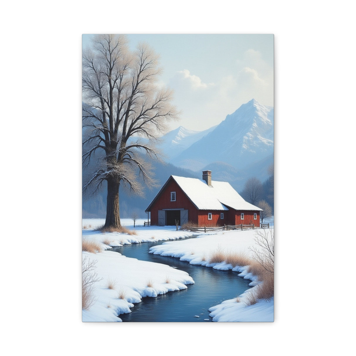 Winter Cabin Canvas Print — Snowy Stream Landscape Matte Stretched Wall Art