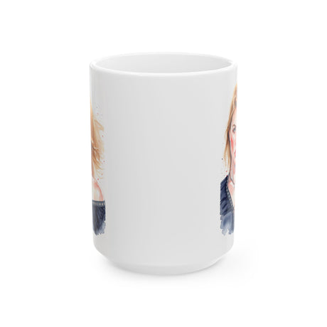 Portrait Watercolor Mug — Winter Personalized Female Face Ceramic Coffee Cup (15oz)