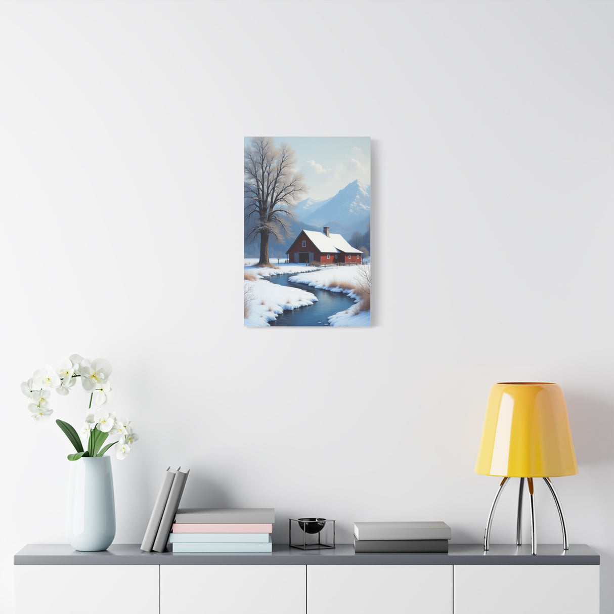 Winter Cabin Canvas Print — Snowy Stream Landscape Matte Stretched Wall Art