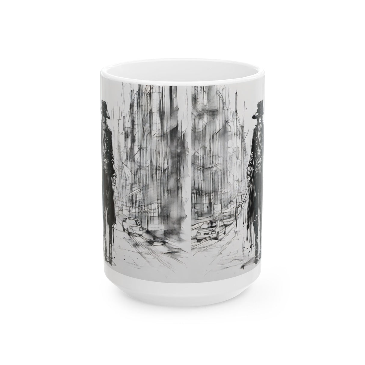 Monochrome Noir Cityscape Mug — Moody Urban Pirate Sketch Coffee Cup (15oz)