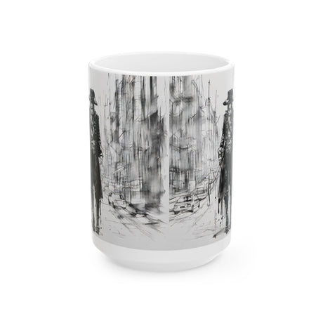 Monochrome Noir Cityscape Mug — Moody Urban Pirate Sketch Coffee Cup (15oz)