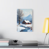 Winter Cabin Canvas Print — Snowy Stream Landscape Matte Stretched Wall Art