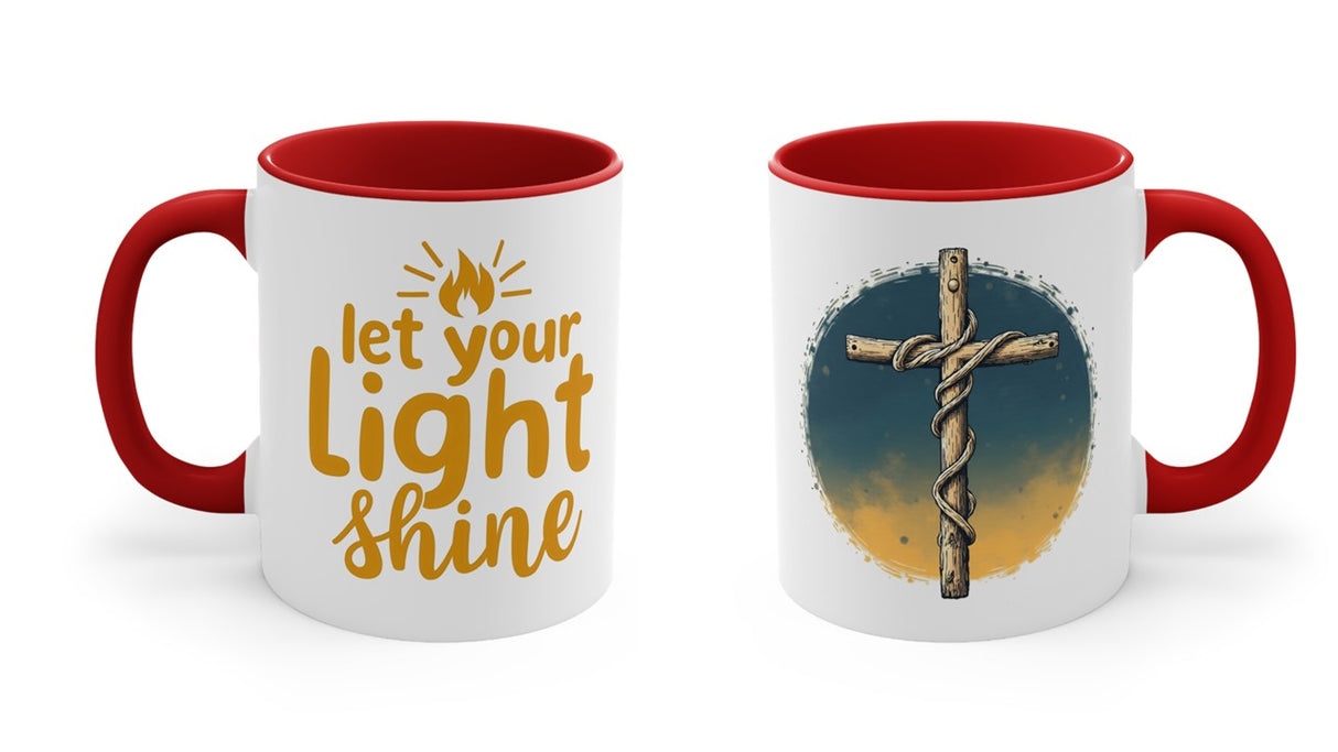 Beautiful Double message, Same Cup: Cross. Let Your Light Shine. Accent Mugs