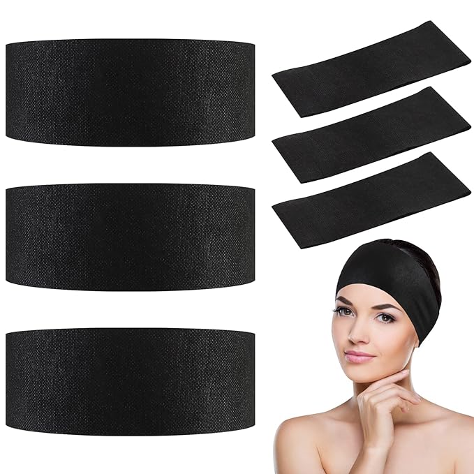 50 Pcs Disposable Spa Facial Headbands, Stretchable Non-Woven Facial Headbands, Soft Skin Care Hair Bands with Convenient Closure, Large Black