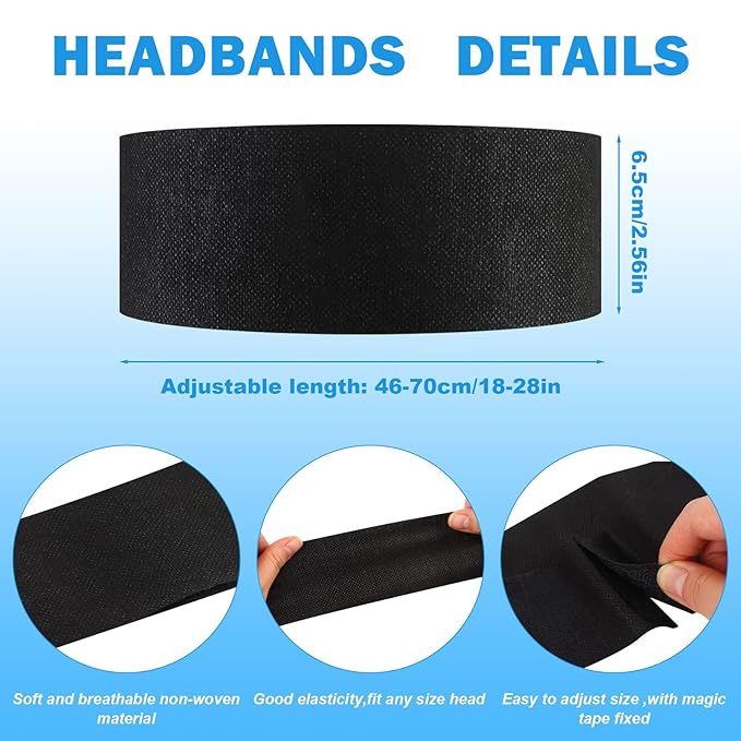 50 Pcs Disposable Spa Facial Headbands, Stretchable Non-Woven Facial Headbands, Soft Skin Care Hair Bands with Convenient Closure, Large Black