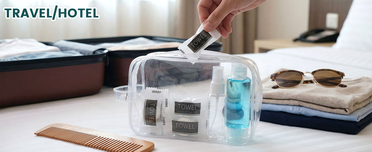 Get Clean Anywhere. Cotton Compressed Towels! 120 or 580-piece packs. Just add water to expand. Durable, disposable towels. Road trips, camping, deployments, or charitable donations!